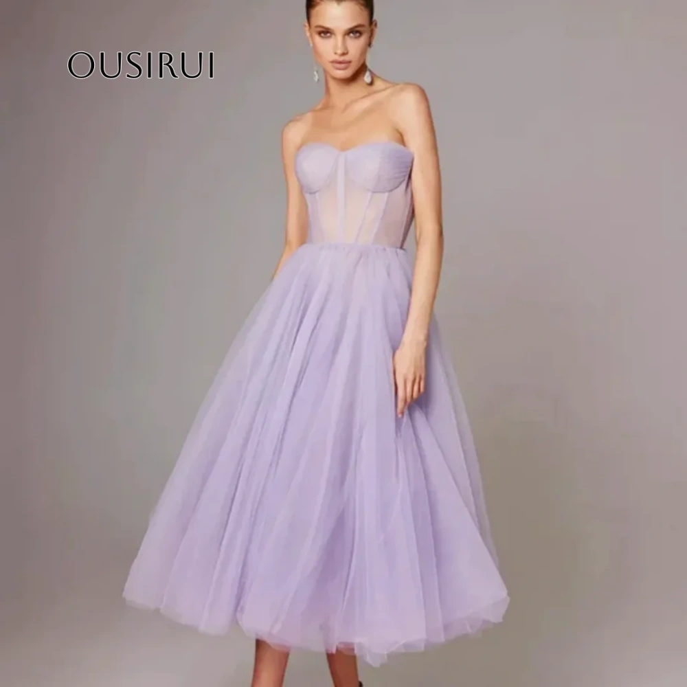 Sweetheart Sheer Boning Tea length Formal Party Gowns Green Dusty Pink Lavender Navy Blue A Line Tulle Short Prom Dresses