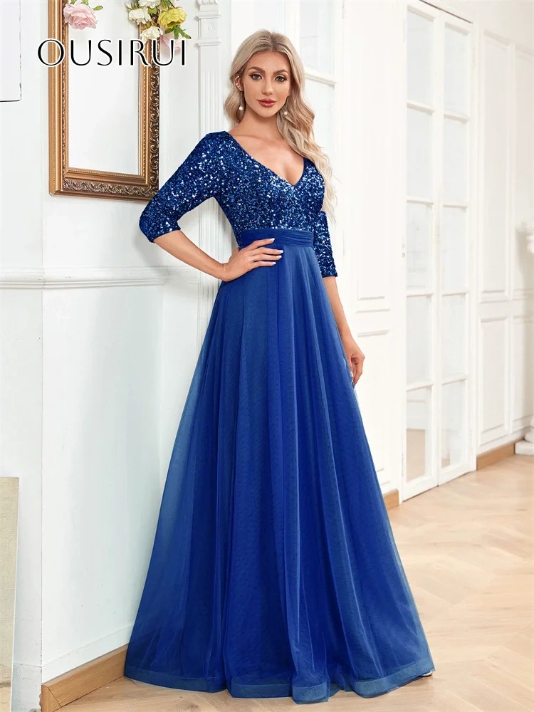 Sequined V-neck A-line Evening Dresses Half Sleeves Tulle Floor Length Customized платье на выпускной