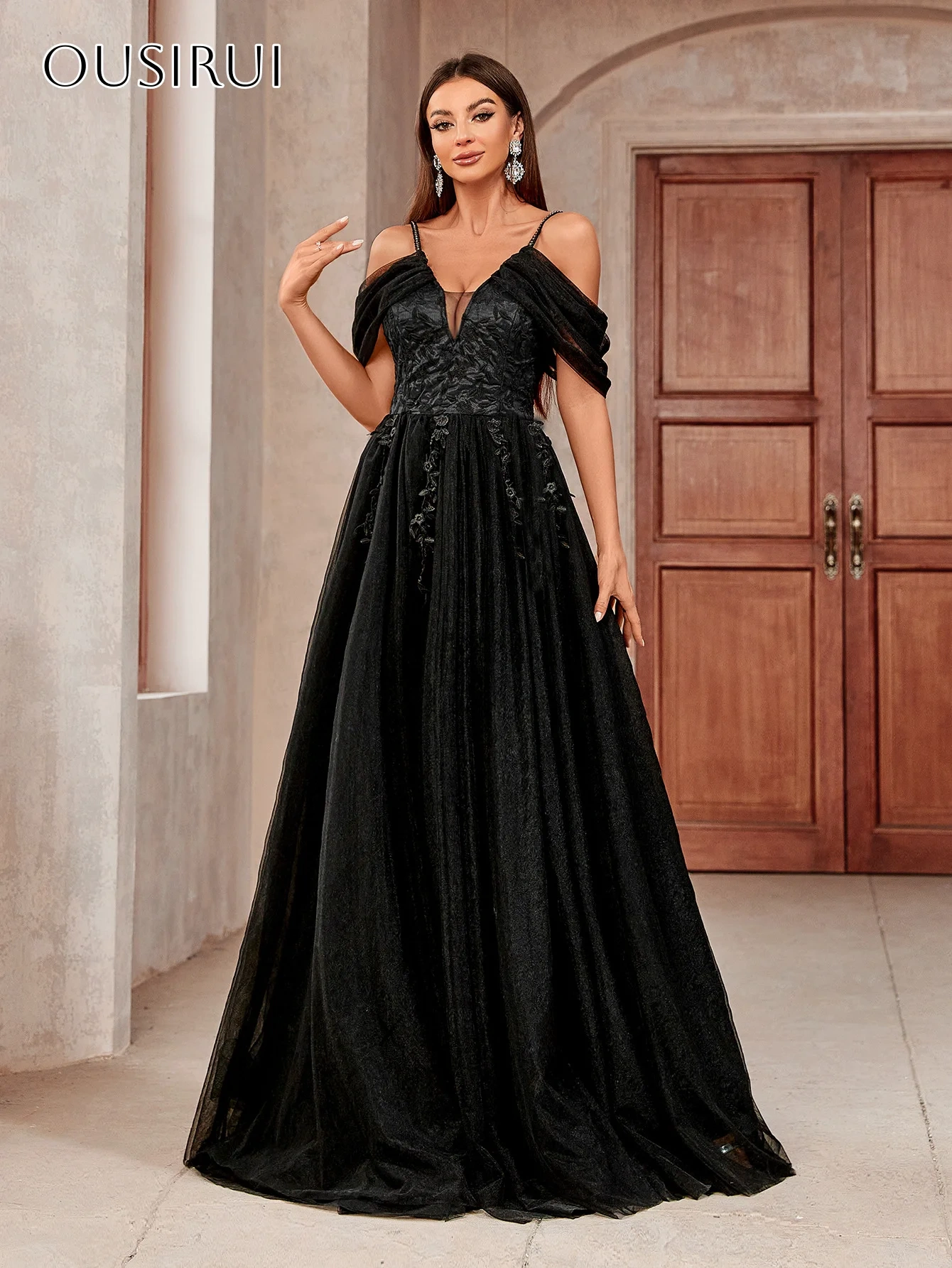 Spaghetti Straps A-line Evening Dresses Appliques Pleated Floor Length Tulle Customized Party Gowns  فساتين السهرة