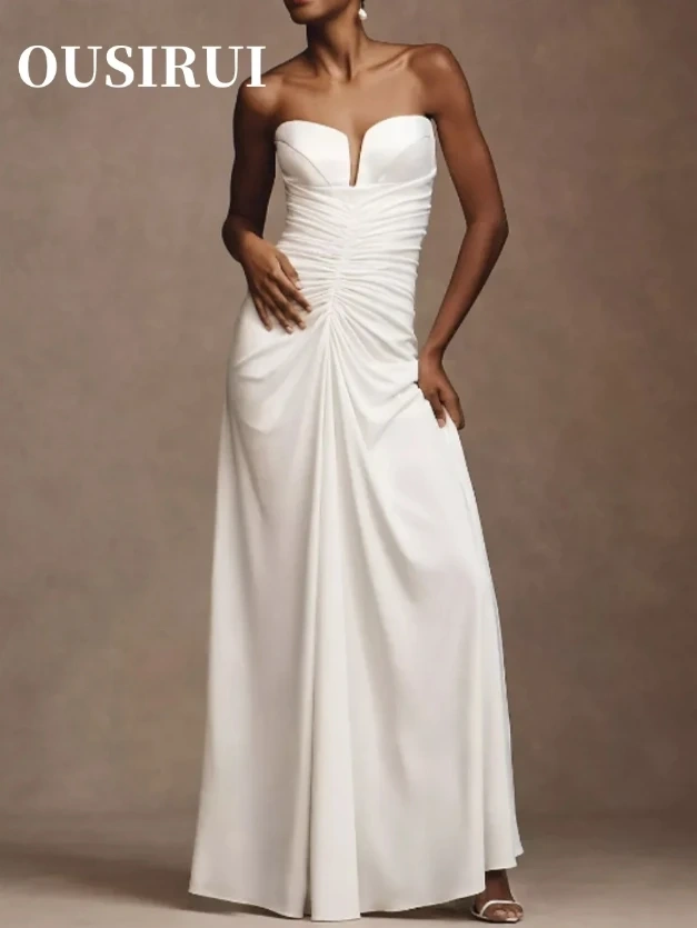 OUSIRUI White Tight Wrap Chest V-neck Wedding Dress Satin Pleats Maid Of Honor Romantic Backless Sexy Mature Zipper Simple