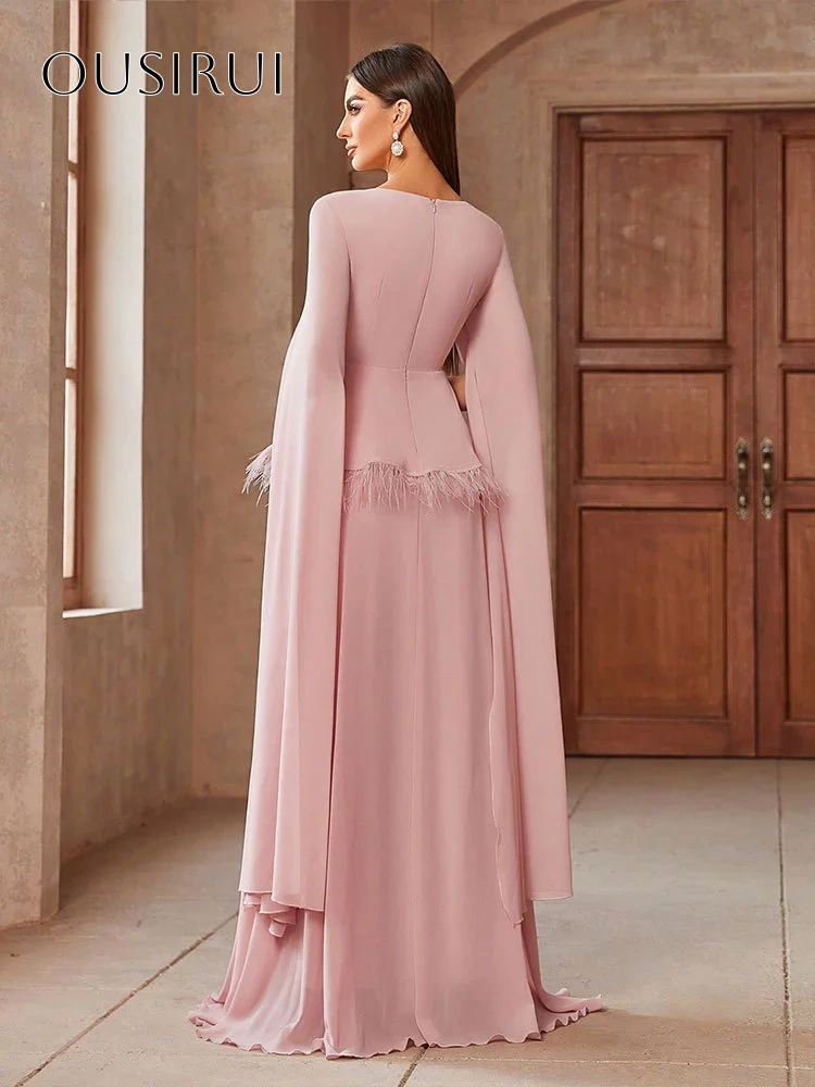 V-neck A-line Appliques Feather Evening Gowns Chiffon Long Sleeves Customized вечерние платья Robes De Soirée