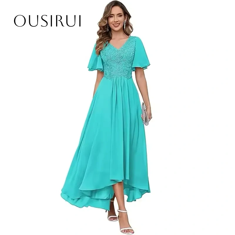 Lace Applique V-Neck Chiffon Homecoming Dress A-line High-low Short Sleeves Party Dresses Corset Customized vestidos de festa