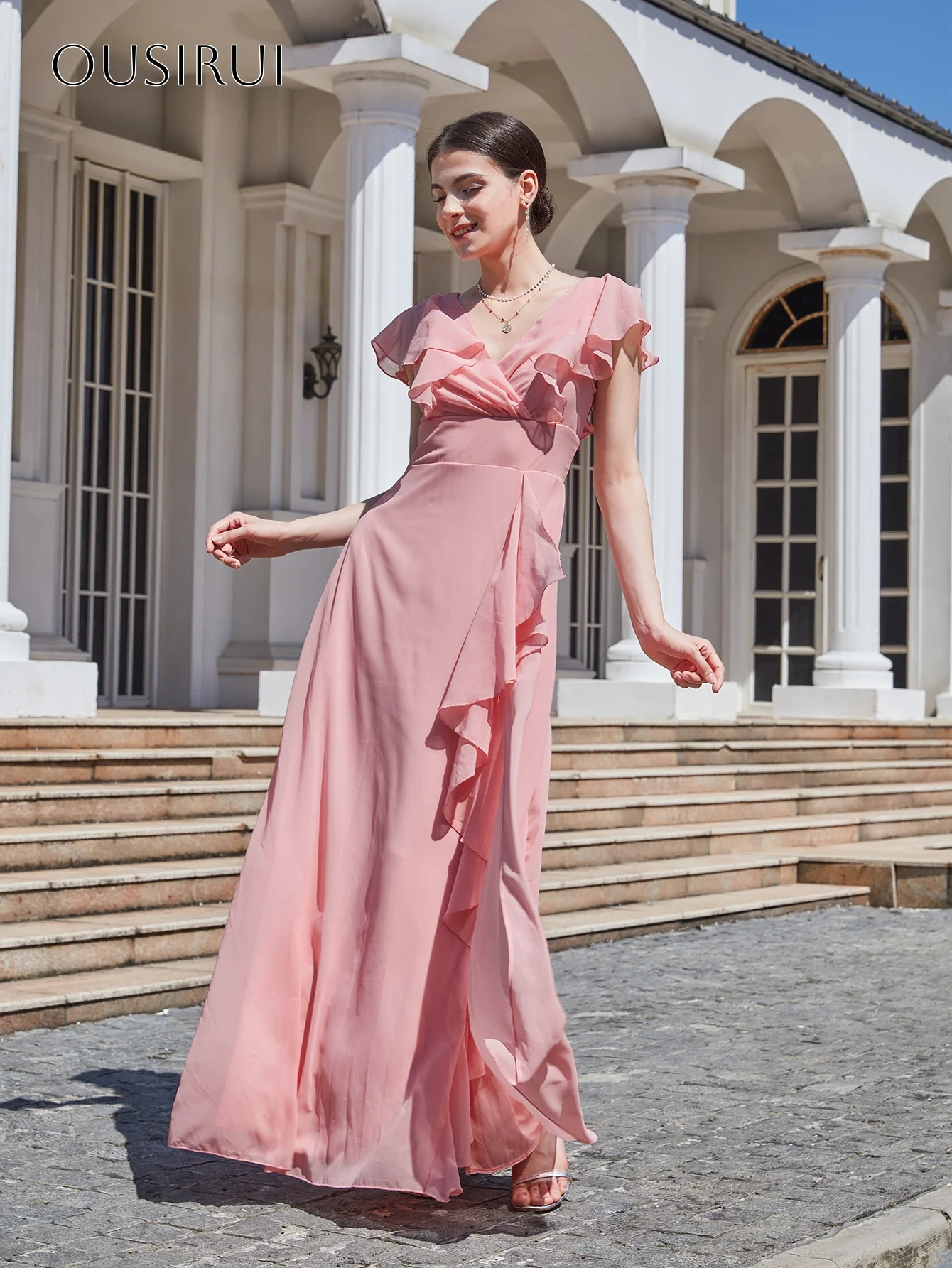 Ruffled V-neck Chiffon Evening Dresses A-line Sleeveless Floor Length Split Customized شارون سعيد فساتين سهره