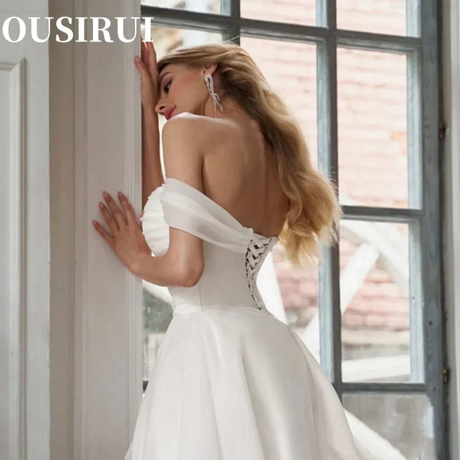 Wedding Dresses Satin Tea Length Boat Nect Bridal Gowns for Women Asymmetrical Off Shoulder White Summer Vestidos De Novia