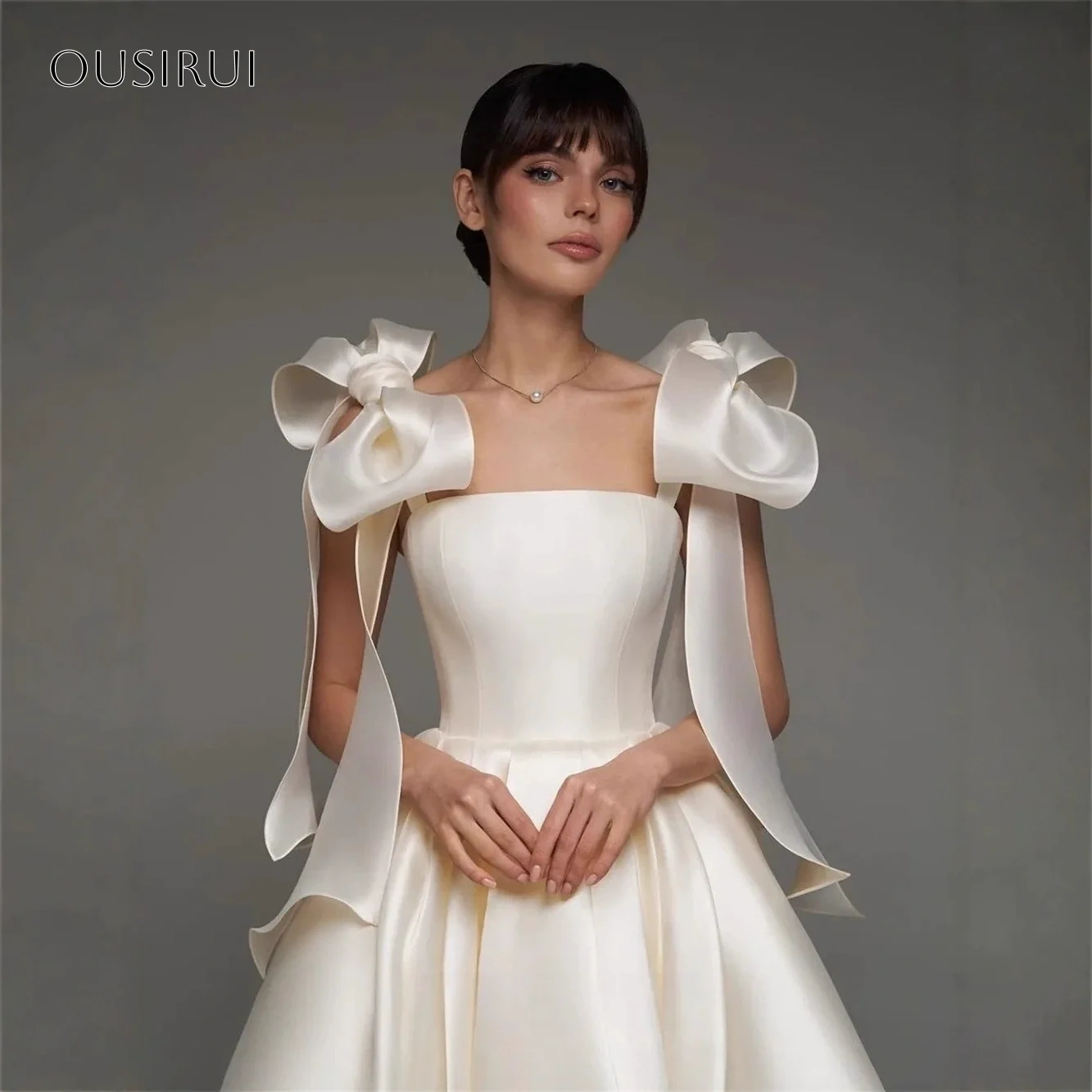 Bow Straps Wedding Dresses A-line Tea Length Corset Back Pleated Bridal Dress Vestido De Novia Customized