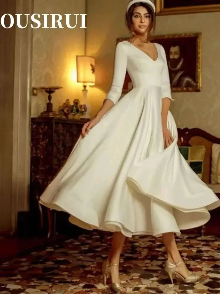 V-Neck A-Line and Calf Length Bridal Wedding Dress Lvory Three-quarter Sleeve Satin Wedding Dress Minimalist Spring and Autumn