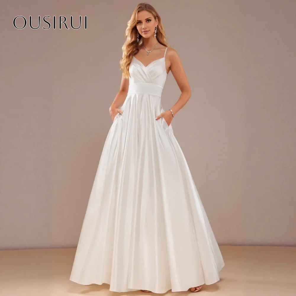 Spaghetti Straps Wedding Dresses Pockets A-line Satin Ankle Length Buttons Bridal Dress Vestido De Novia Customized