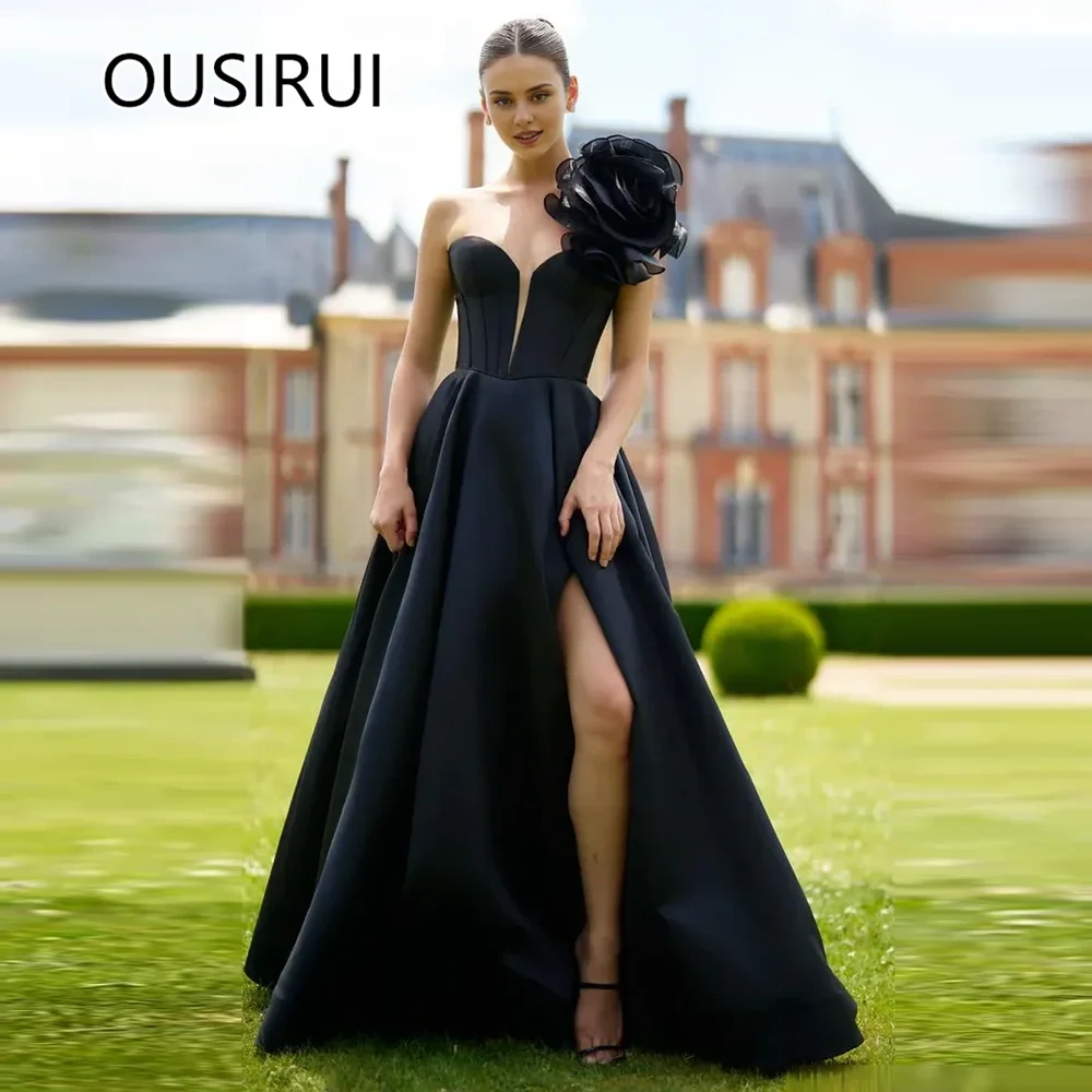 Glamorou One Shoulder Saitn Side Slit Evening Women's Gown A-line Backles Court Prom Holiday Dress with Flowers Customized