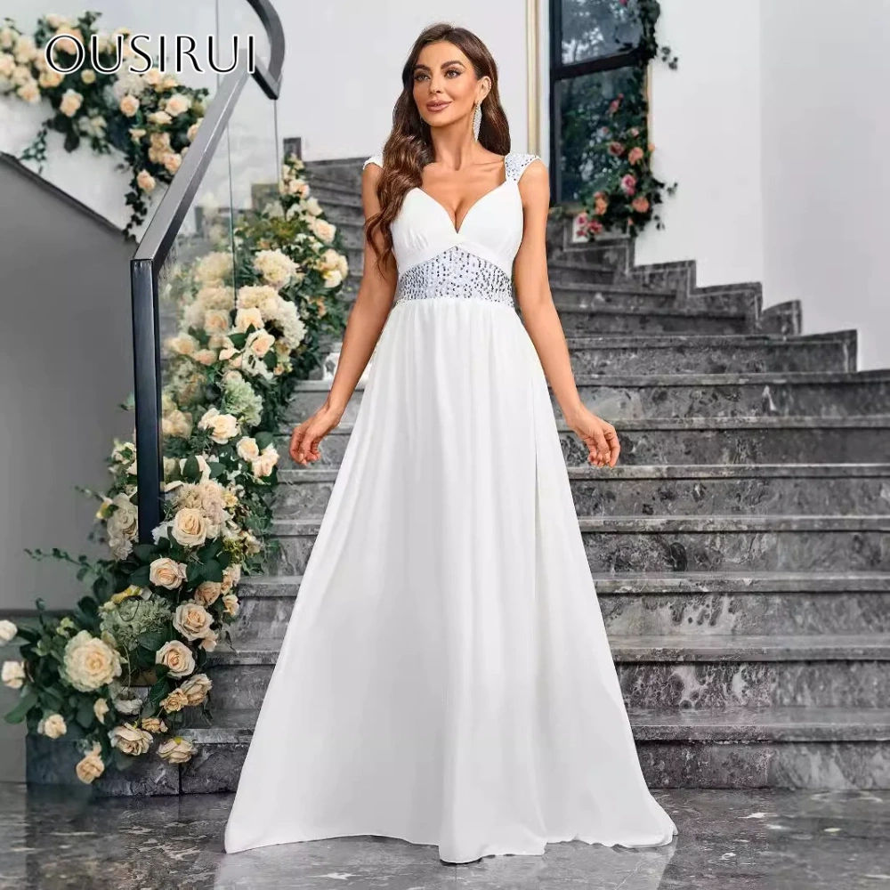 Beaded Straps Chiffon Evening Dresses Backless Sleeveless Sweep Train Customized فساتين حفلة موسيقية