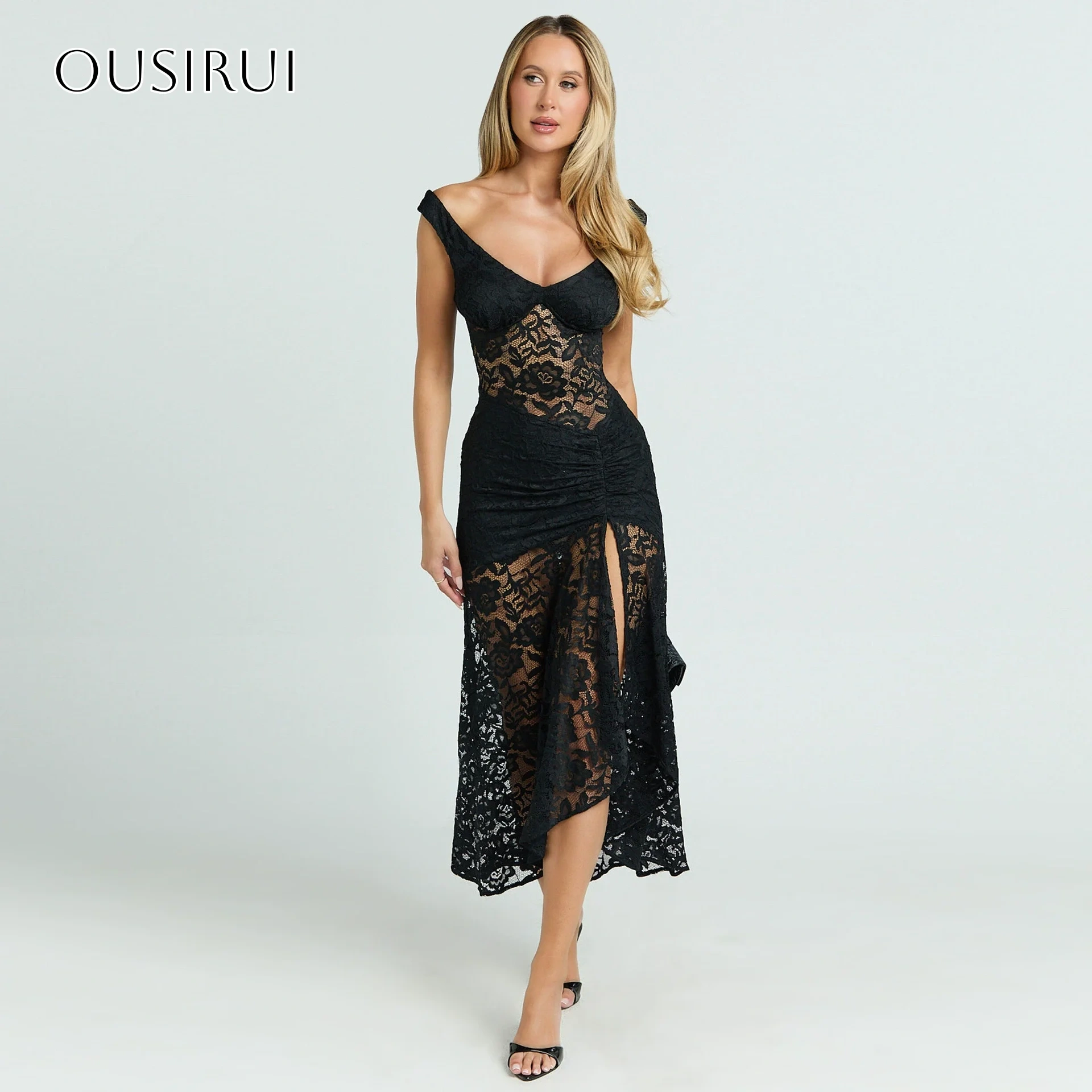 V-neck Lace Sheath High-low Homecoming Gown Sleeveless Ruched Customized платье на выпуск