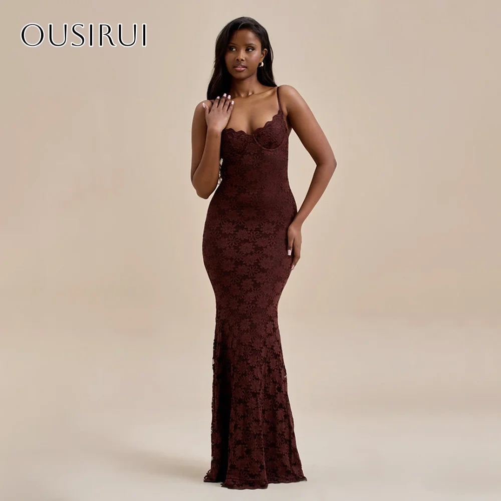 Spaghetti Straps Sheath Lace Evening Dresses Pleated Sleeveless Floor Length Customized платье на выпускной