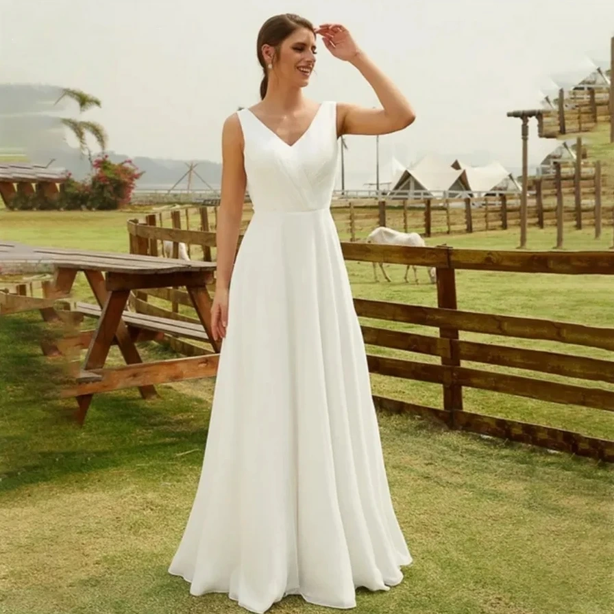 A Line Bride Dress Lace Backless Bridal Summer Chiffon Wedding Dress Simple Gown Tank Sleeves Sweep Train Vestidos De Novia