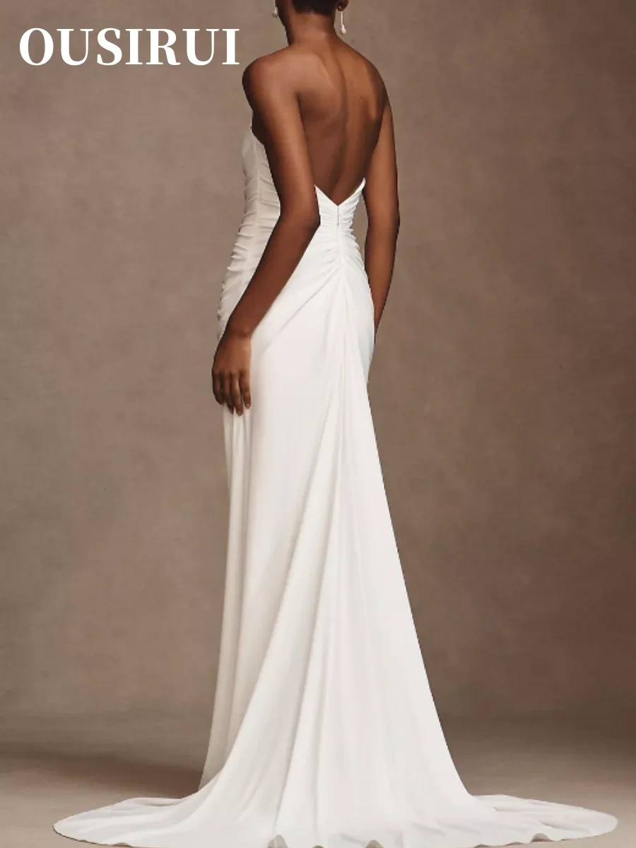 OUSIRUI White Tight Wrap Chest V-neck Wedding Dress Satin Pleats Maid Of Honor Romantic Backless Sexy Mature Zipper Simple