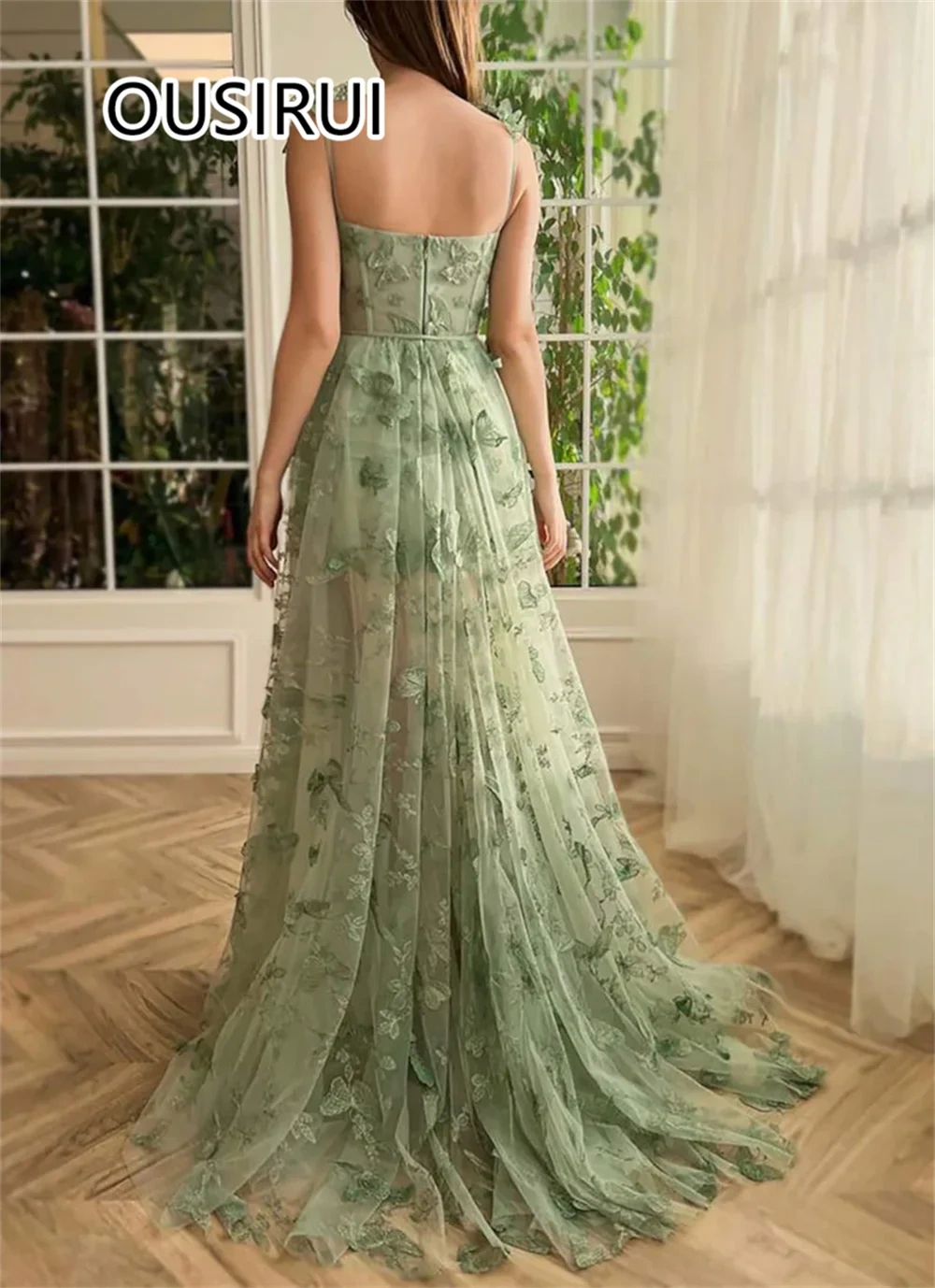 Spaghetti Straps Tulle 3D Butterfly Prom Party Dress A-line Backless and Zipper Side Slit Holiday Prom Gown for Girls