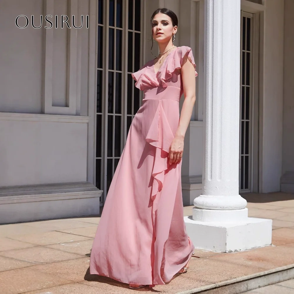 Ruffled V-neck Chiffon Evening Dresses A-line Sleeveless Floor Length Split Customized شارون سعيد فساتين سهره