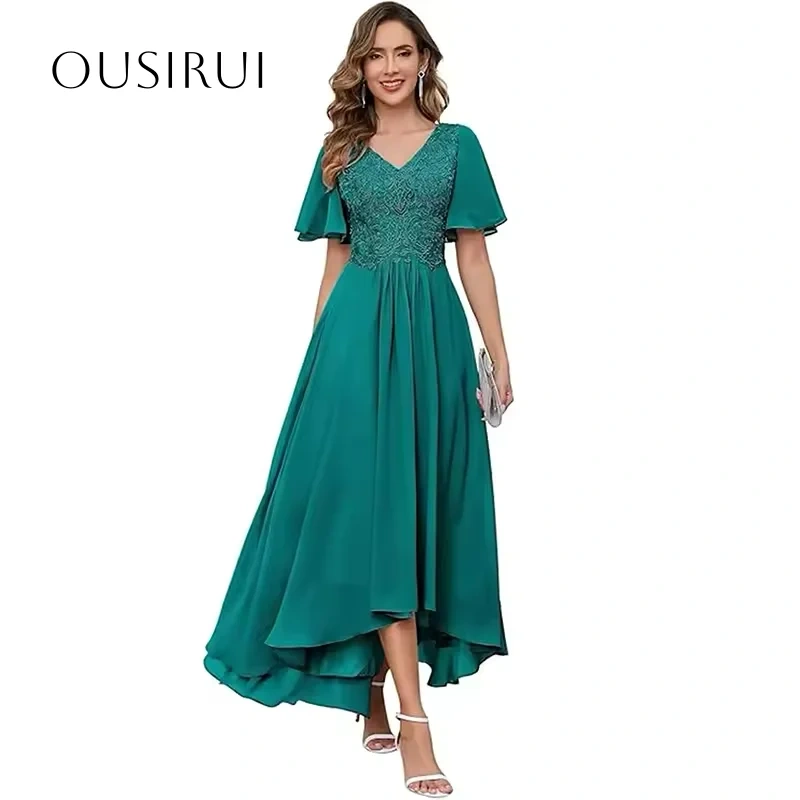 Lace Applique V-Neck Chiffon Homecoming Dress A-line High-low Short Sleeves Party Dresses Corset Customized vestidos de festa