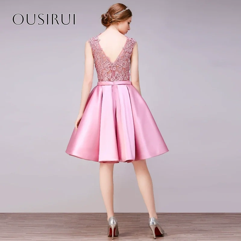 Lace Satin A-line Short Cocktail Dress Bow Knee Length Sleeveless Party Gown Customized vestidos de fiesta elegantes