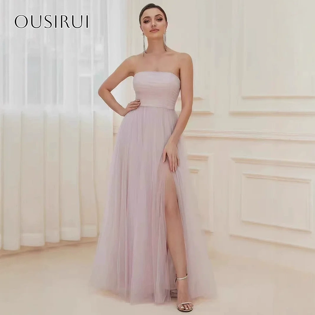 Strapless A-line Evening Dresses Sleeveless Split Tulle Floor Length Customized فساتين حفلة موسيقية