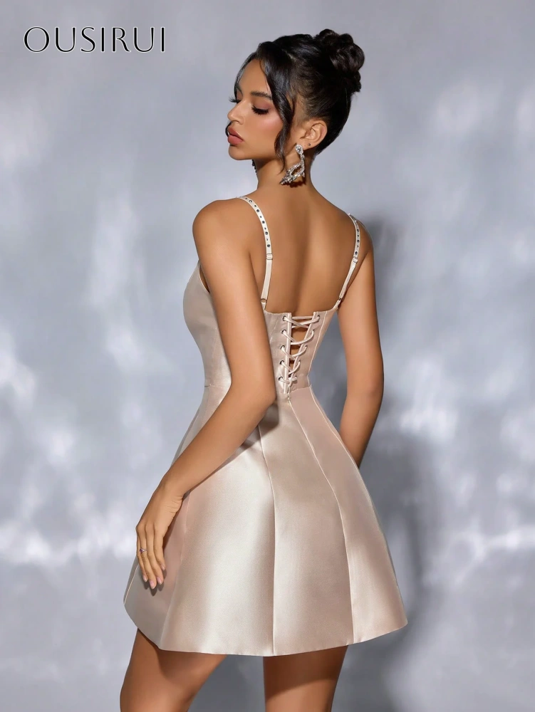 Short Satin A Line Beaded Spaghetti Straps Cocktail Dress Corset Back Party Gowns Customized فستان سهرة نسائي