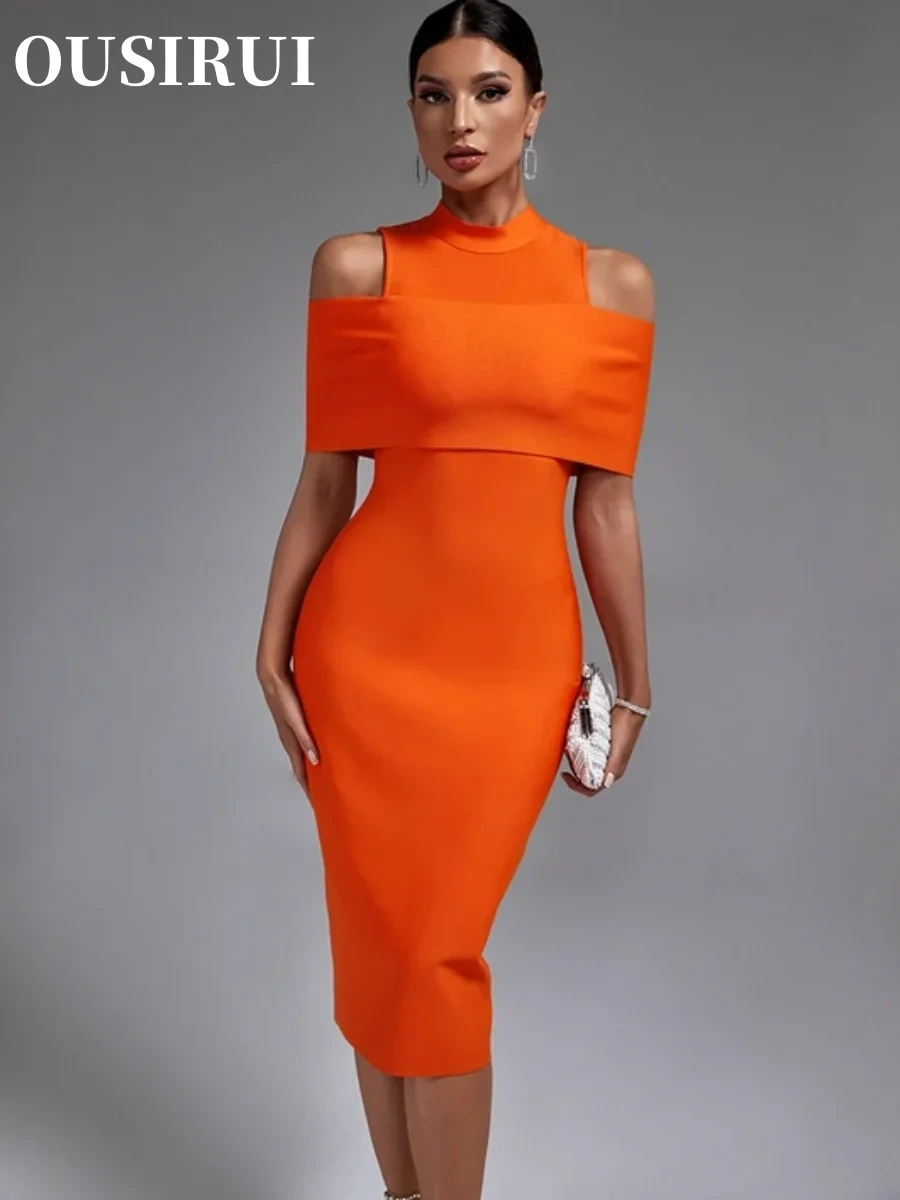 Party Dress Bodycon Elegant Sexy Midi Birthday Evening Club Outfits Summer New Orange Bandage Dress Women Off Shoulder