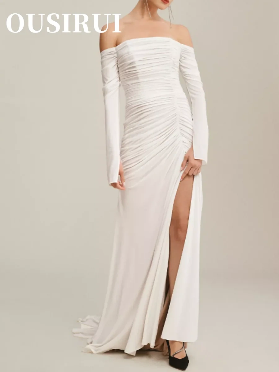 OUSIRUI White Pleated Card Shoulder Round Neck Wedding Dress Satin Pleated Maid Of Honor Romantic Backless Wedding Long Sleeve