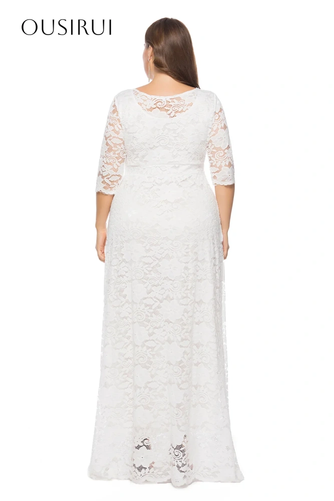 Lace O-neck Evening Dresses Half Sleeves Pleated Floor Length Pockets Party Gowns  فساتين السهرة