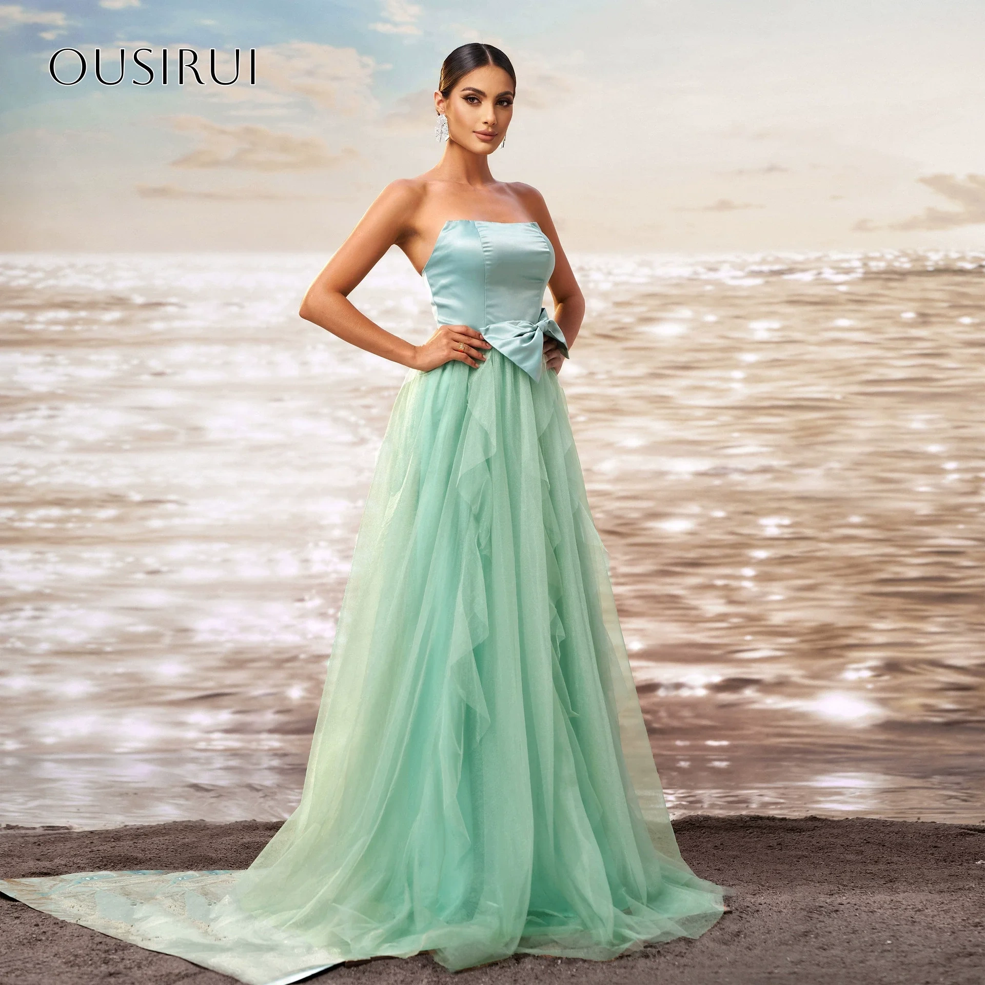 Strapless Bow A-line Evening Dresses Tulle Floor Length Sleeveless Customized Party Gowns  فساتين ال