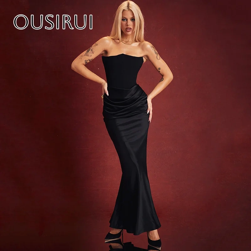 Strapless Satin Sheath Prom Dresses Sleeveless Ruffled Ankle Length Customized платье на выпускной