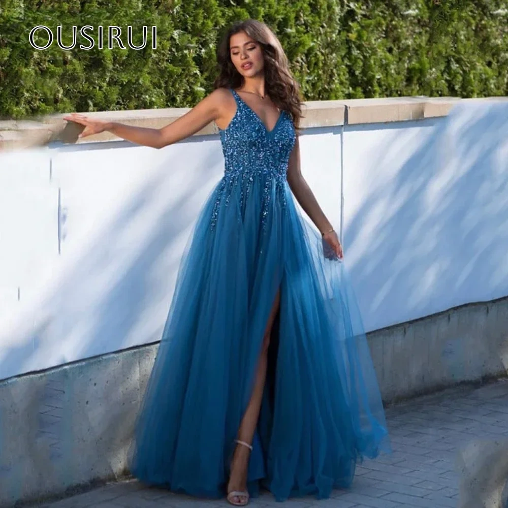 Lace Beaded V-neck Evening Dresses Split Tulle A-line Sleeveless for Women Floor Length Customized vestidos de fiesta