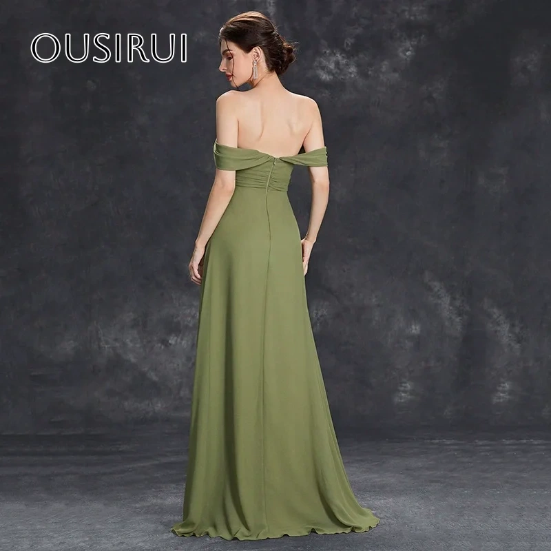 Off Shoulder Pleated A-line Evening Dresses Sleeveless Floor Length Chiffon Customized فساتين حفلة موسيقية