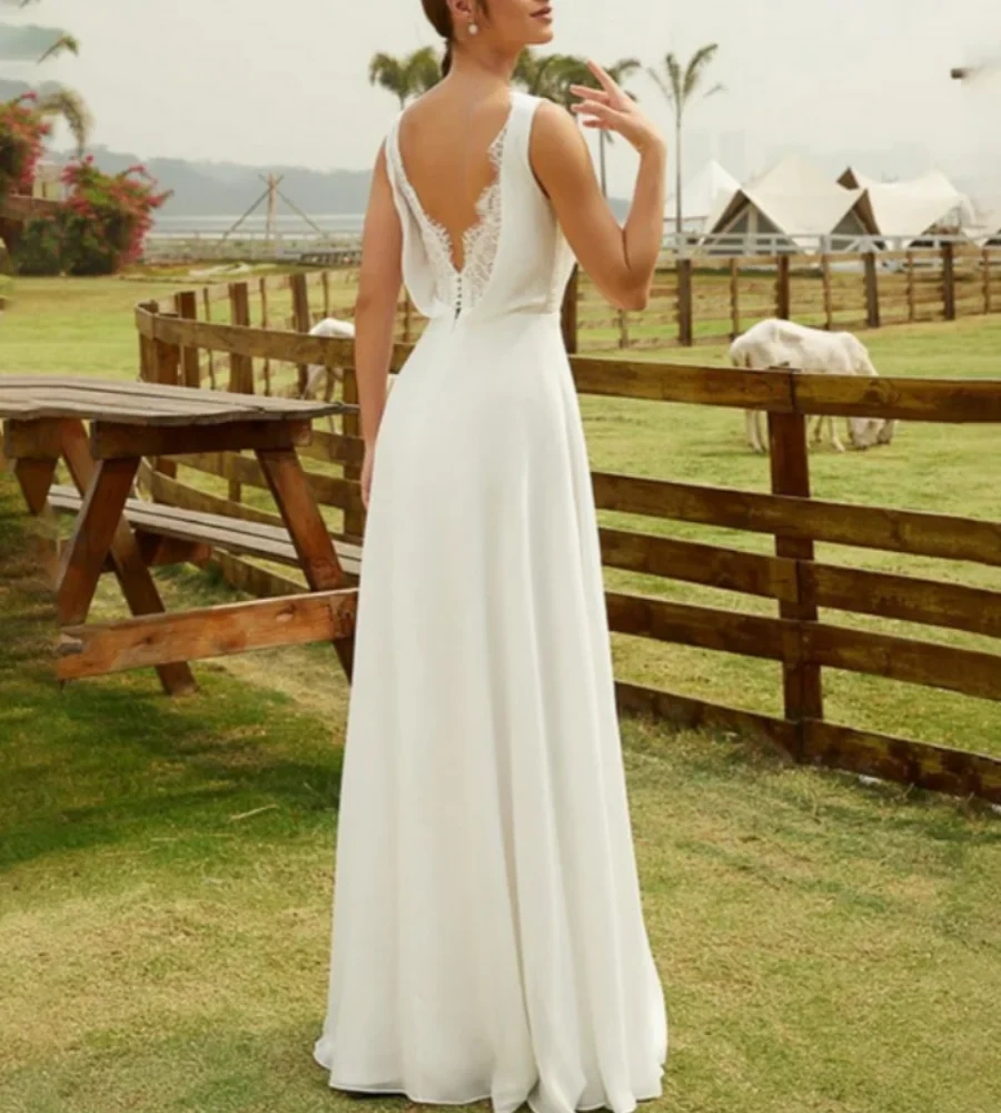 A Line Bride Dress Lace Backless Bridal Summer Chiffon Wedding Dress Simple Gown Tank Sleeves Sweep Train Vestidos De Novia