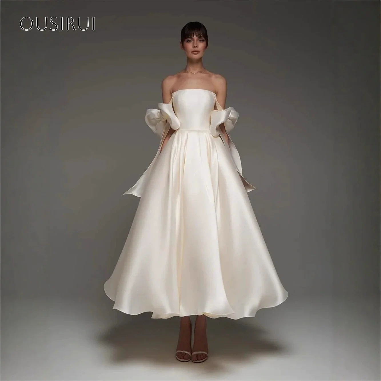 Bow Straps Wedding Dresses A-line Tea Length Corset Back Pleated Bridal Dress Vestido De Novia Customized