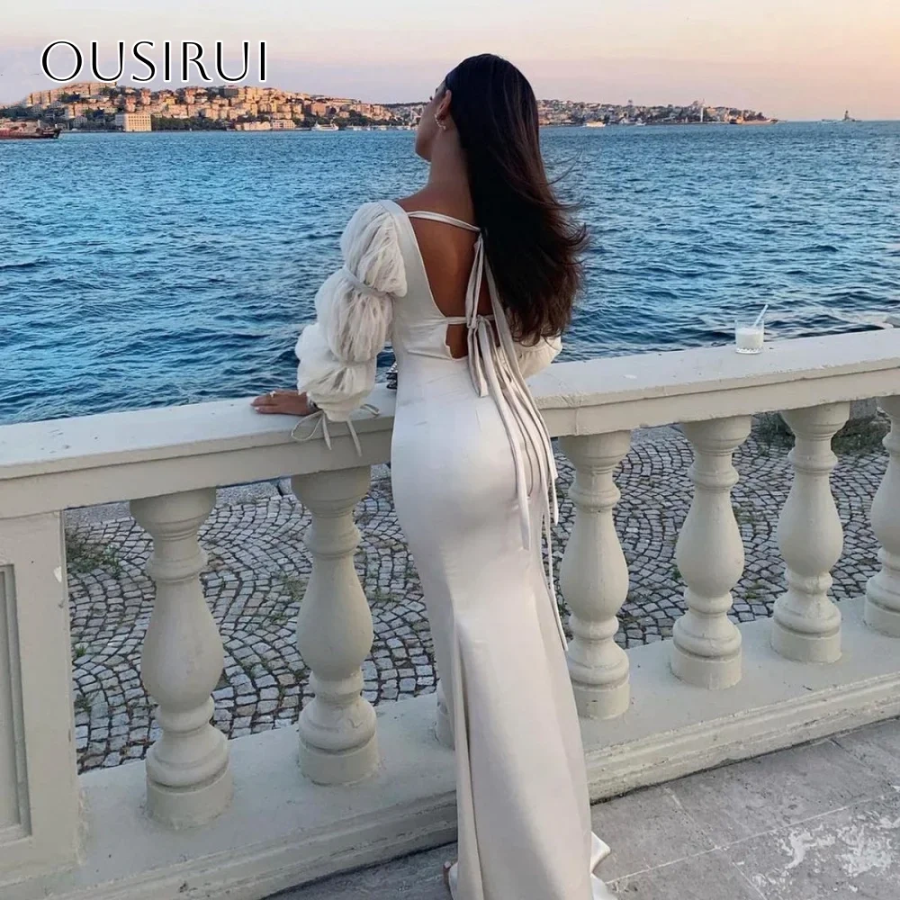 Square Sheath Evening Dresses Puffy Long Sleeves Backless Satin Sweep Train Customized فساتين حفلة موسيقية
