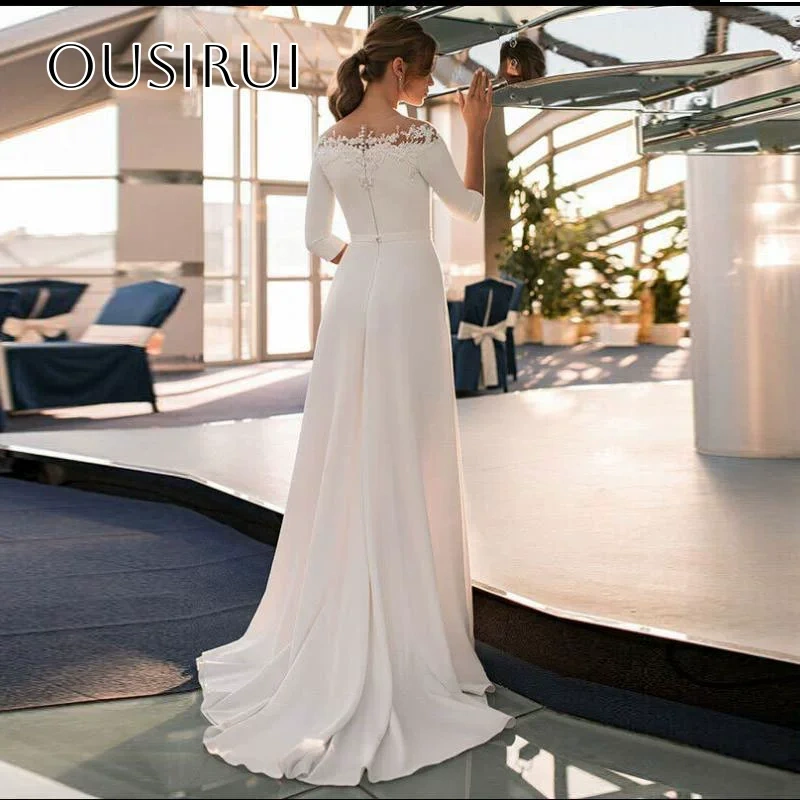Appliques Off Shulder Sheath Bridal Wedding Dresses Half Sleeves Satin Sweep Train Customized Vestidos De Novia