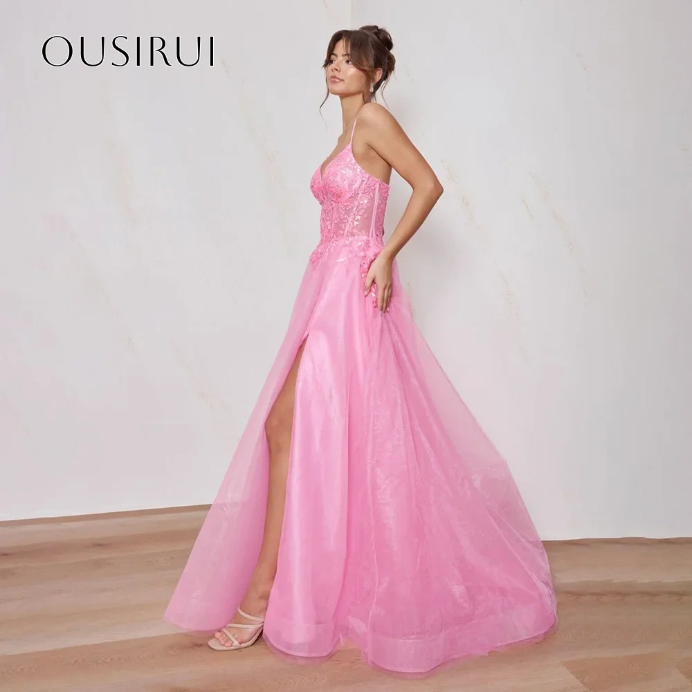 Spaghetti Straps Lace Evening Dresses Split Organza Floor Length Corset Sleeveless Customized Party Gowns  فساتين ال