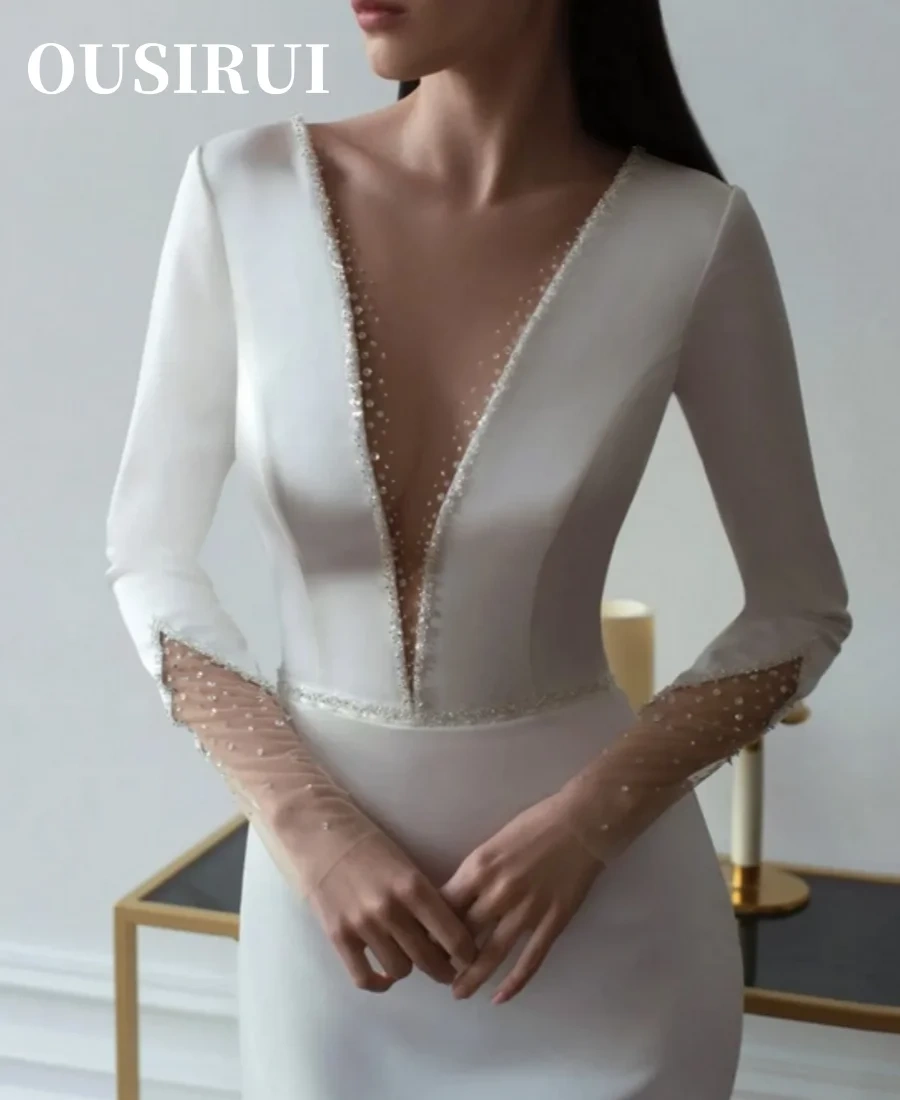 Mermaid Bridal Gowns Sweep Train For Women  New Deep V-Neck Satin Wedding Dress Simple 3/4 Sleeve Backless Brides Gowns