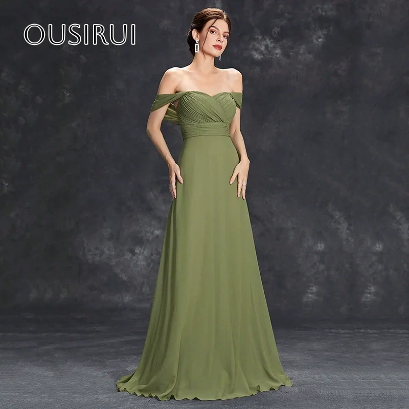 Off Shoulder Pleated A-line Evening Dresses Sleeveless Floor Length Chiffon Customized فساتين حفلة موسيقية
