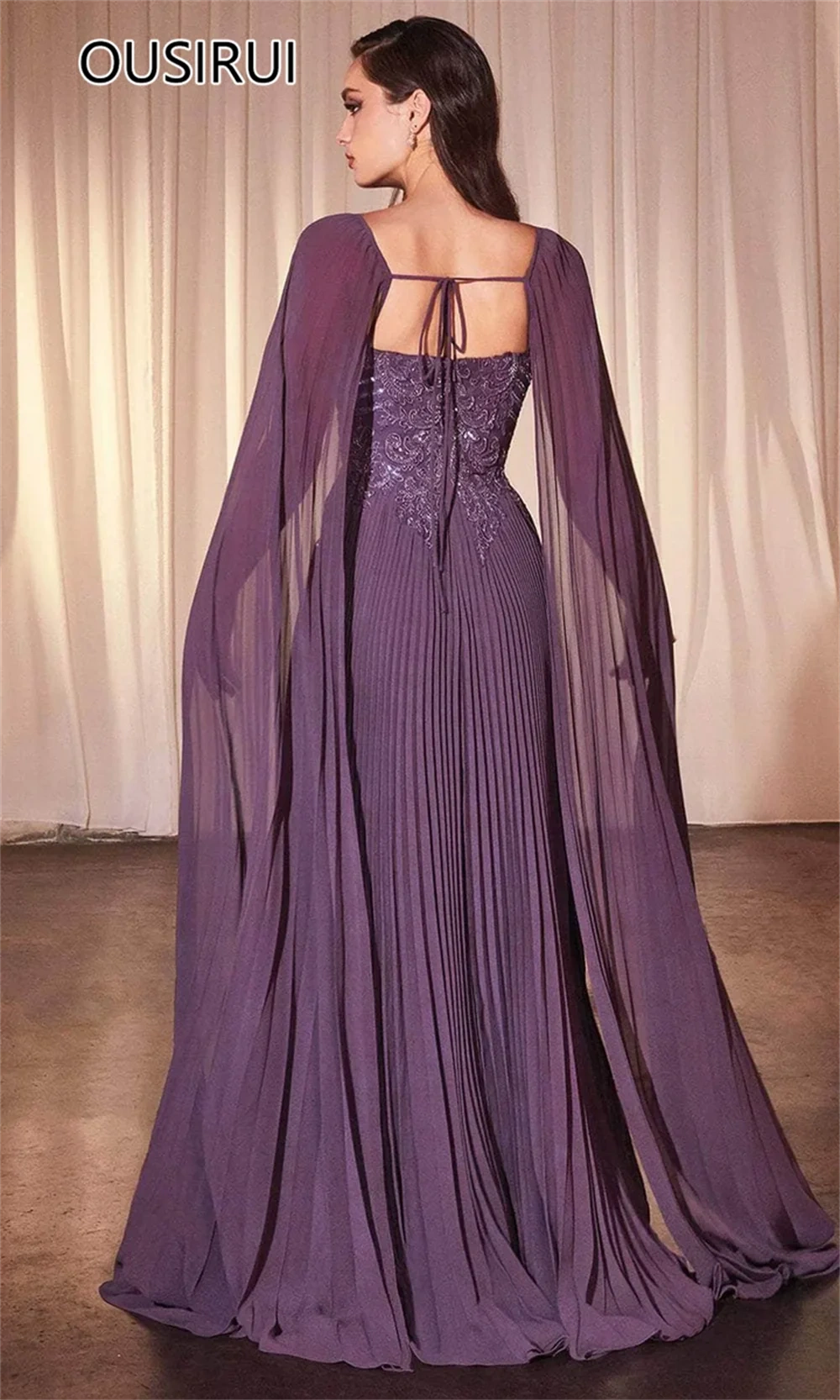 Spaghetti Straps V-neck Chiffon Prom Party Dress with Lace Cape A-line Backless Bridal Prom Gown Train robe de mariée