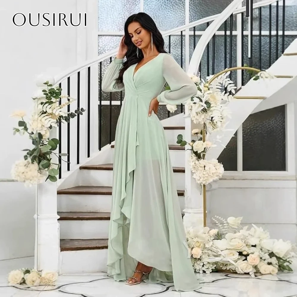 V-neck A-line High-low Prom Dresses Chiffon Long Sleeves Floor Length Pleated Party Gown Customized robe de mariée