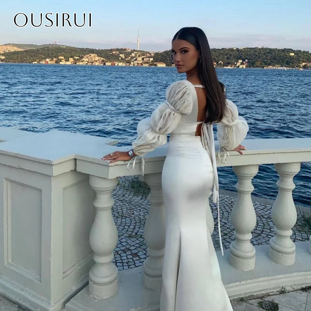 Square Sheath Evening Dresses Puffy Long Sleeves Backless Satin Sweep Train Customized فساتين حفلة موسيقية