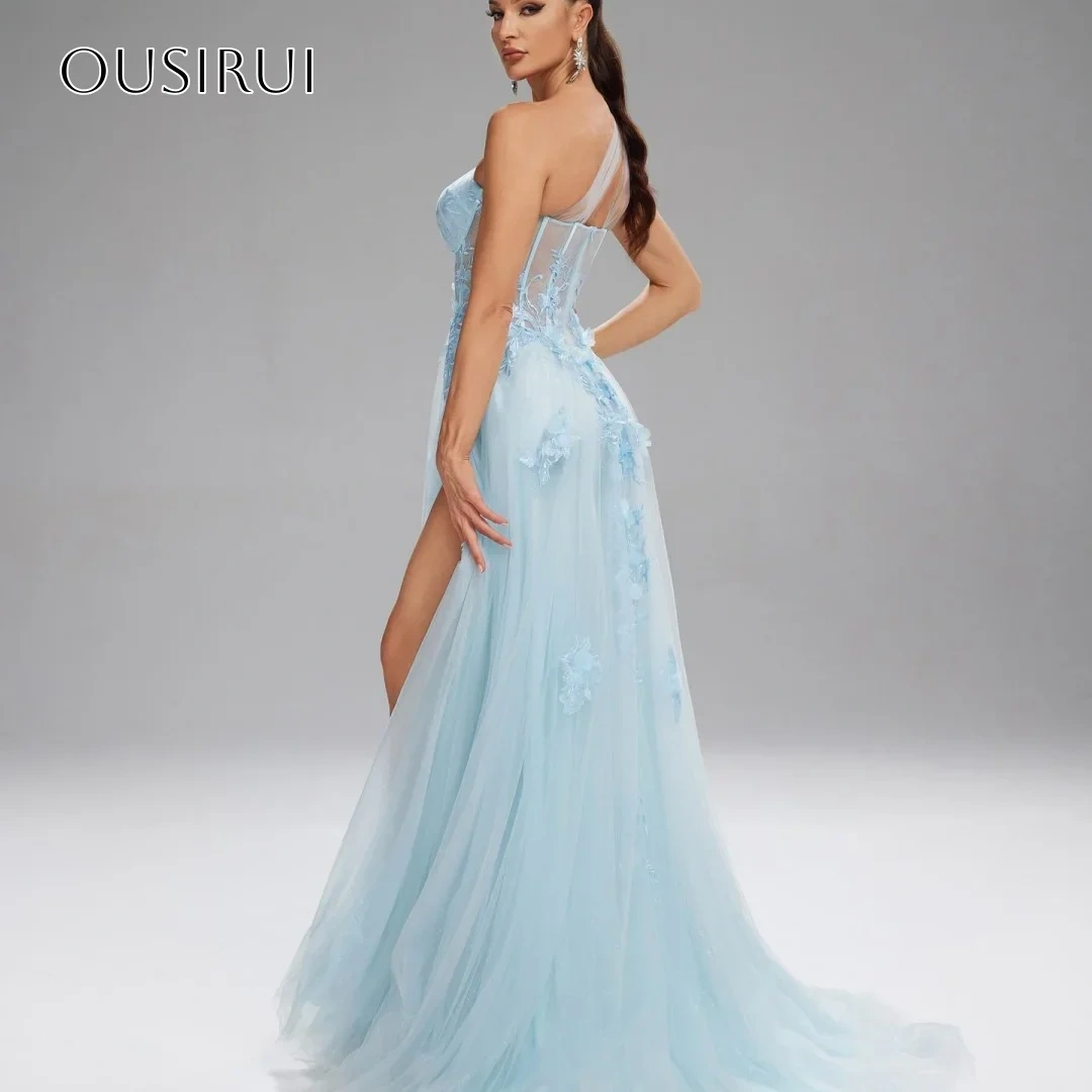 One Shoulder Lace Evening Dresses A-line Sleeveless Split Tulle Sweep Train Customized vestidos de fiesta