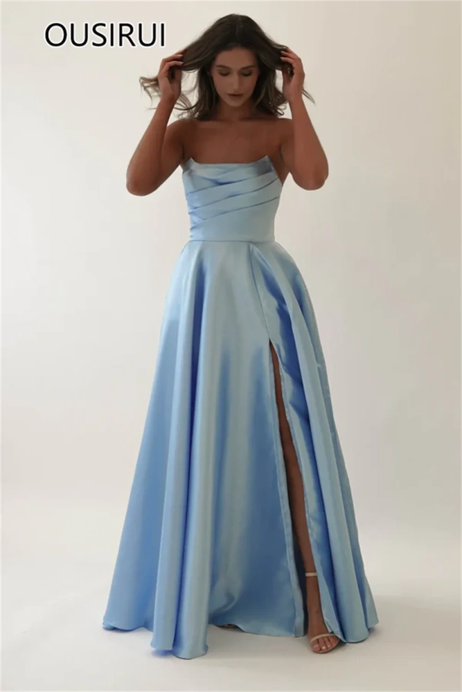 OUSIRUI Strapless Satin Pleated Evening Party Dress Side Slit A-line Backless Long Evening Gown with Pockets robe de mariée