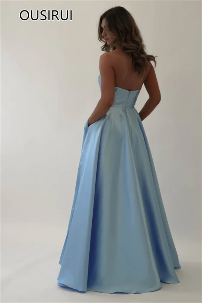 OUSIRUI Strapless Satin Pleated Evening Party Dress Side Slit A-line Backless Long Evening Gown with Pockets robe de mariée