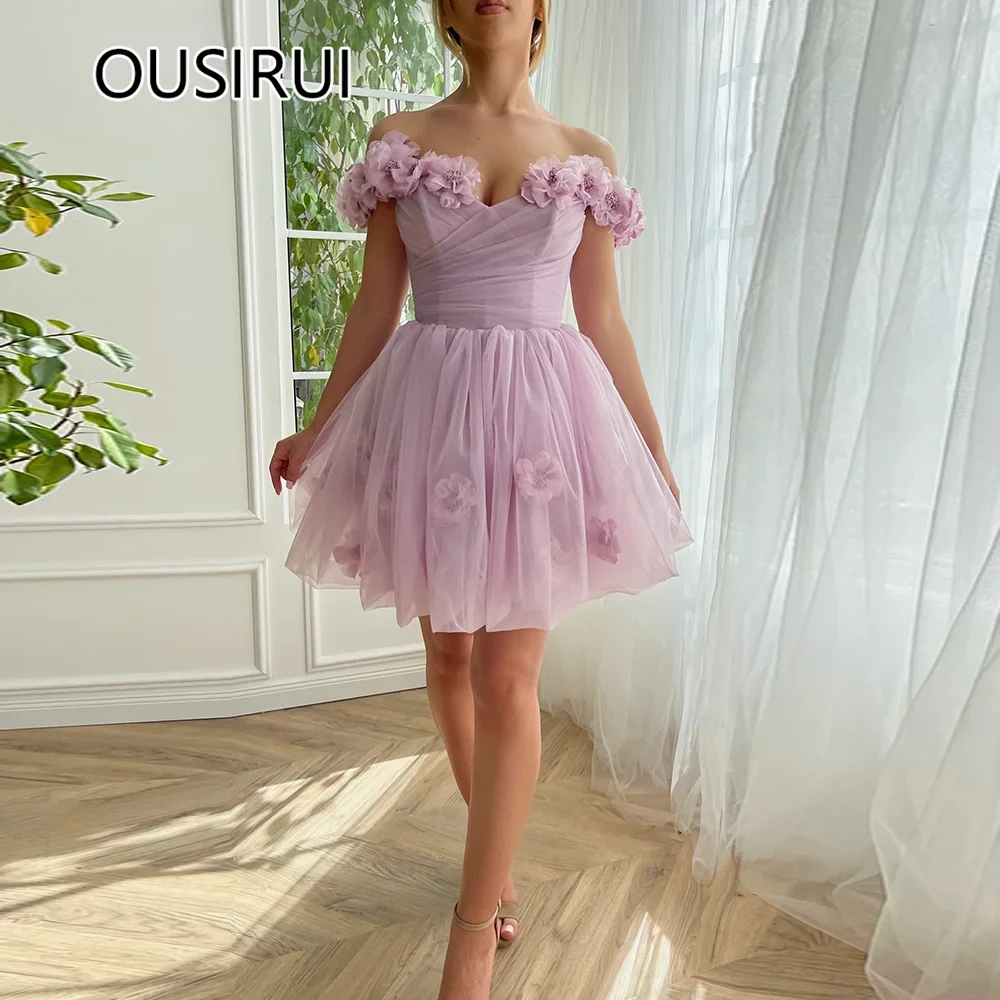 OUSIRUI Elegant Off-Shoulder Tulle 3D Floral Lace Short Mini Prom Party Dress Lace up Princess Prom Gown robe de mariée