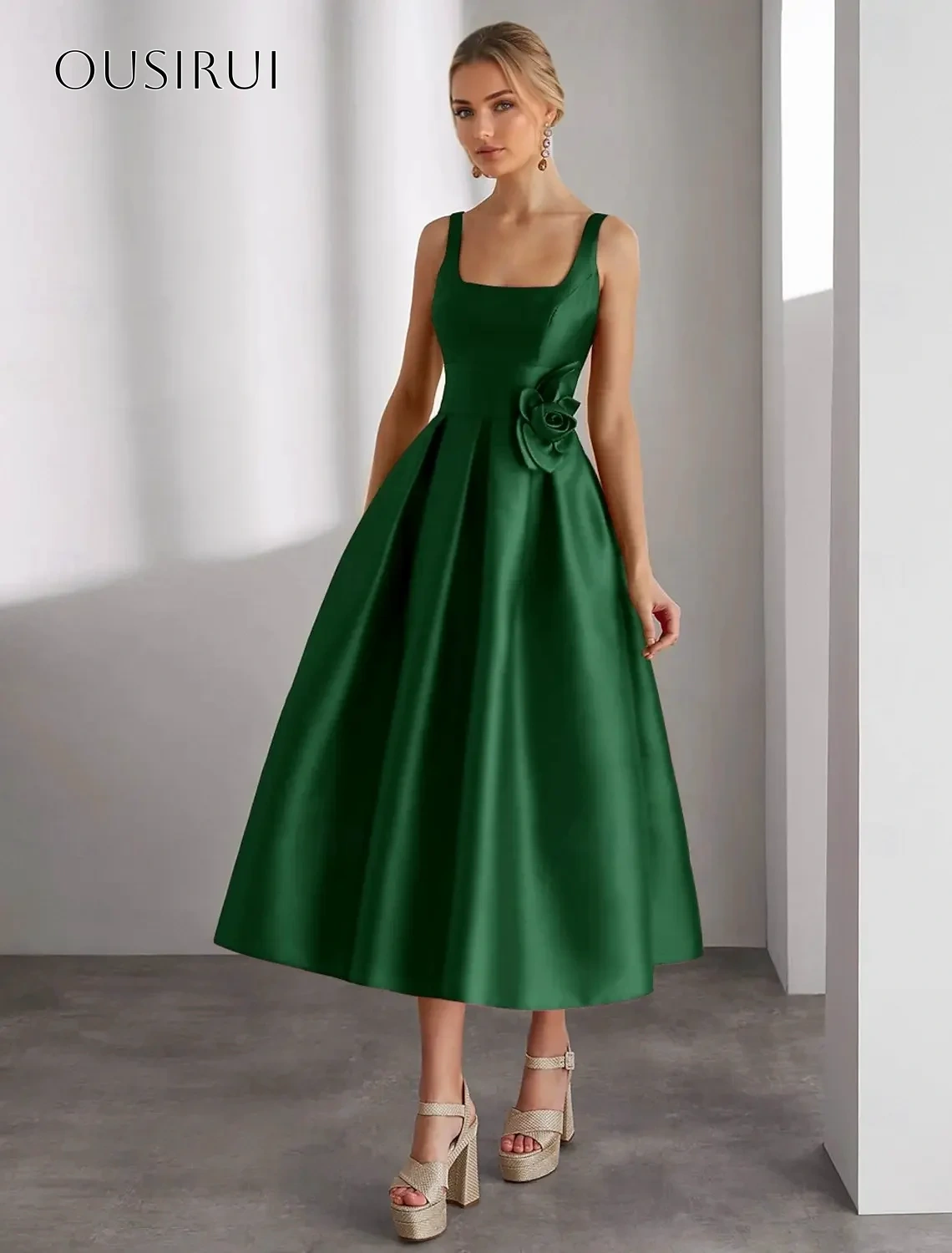 Square Satin Homecoming Dresses Flower Tea Length A-line Sleeveless Customized Dress سيرين هيل فساتين سهره