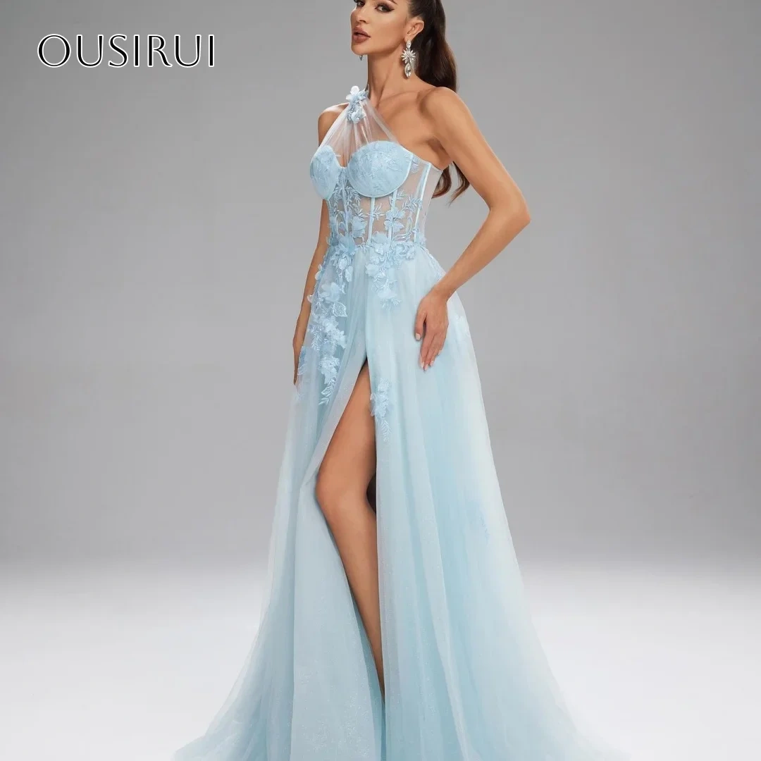 One Shoulder Lace Evening Dresses A-line Sleeveless Split Tulle Sweep Train Customized vestidos de fiesta