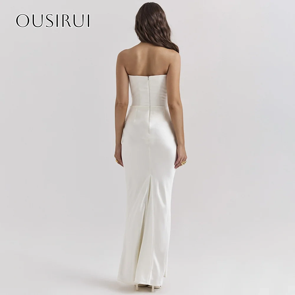 Strapless Satin Sheath Prom Dresses Sleeveless Ruffled Ankle Length Customized платье на выпускной