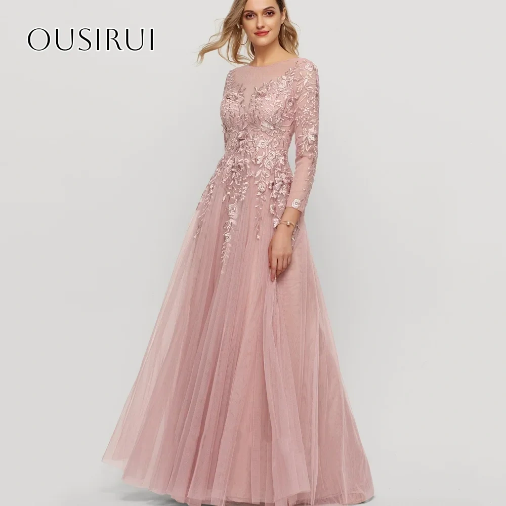 Appliques A-line Evening Dresses Pleated Long Sleeves Floor Length Customized Party Gowns  فساتين السهرة