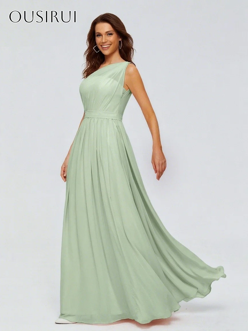 One Shoulder A-line Chiffon Prom Dresses Sleeveless Pleated Floor Length Customized فساتين حفلة موسيقية