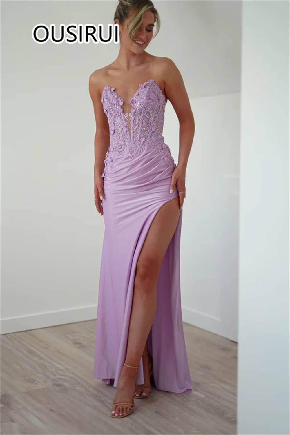 OUSIRUI V-neck Satin Pleated Off-Shoulder Women Prom Party Dress with Lace Sexy Mermaid Backless Side High Split vestidos de